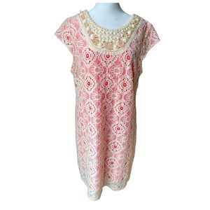 Women’s Size 12 Jeweled Neckline Cream & Orange Crochet Lace Dress By Studio 1